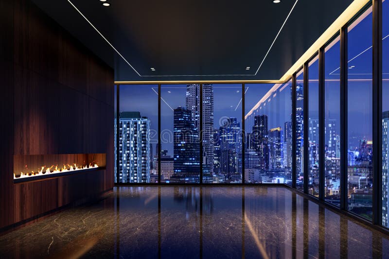 ultra-luxurious-dark-modern-empty-room-high-rise-penthouse-d-render-featuring-stunning-panoramic-city-skyline-view-423539227